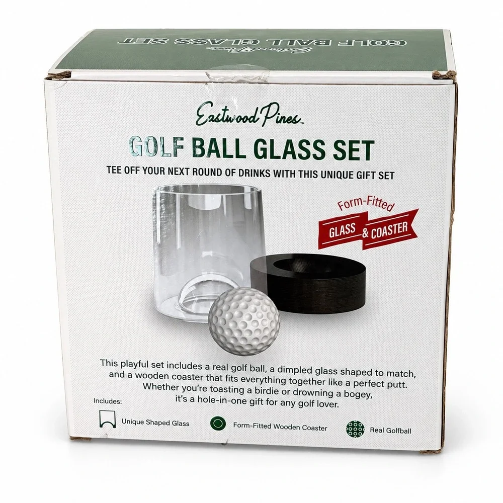Eastwood Pines Golf Ball Glass Set 10oz Real Golf Ball Wooden Coaster 110-80